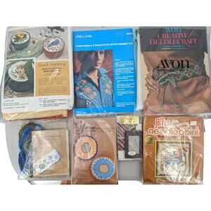 Vintage 1970's Lot 7 STITCHERY NEEDLE CRAFT KITS Avon Jiffy Yvonne Coats Leather